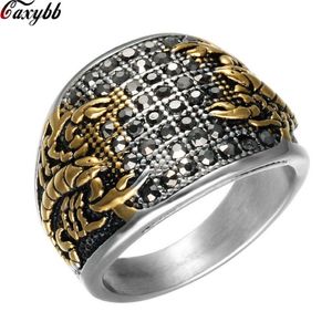 Punk Vintage Schwarzer Kristall Skorpionmuster Herren Ring Gold Farbe Runde Edelstahl Titanringe für Männer Schmuck321s