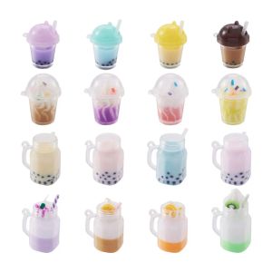 Necklaces 32pcs Resin Mitation Milk Tea Charms Bubble Tea Ice Cream Cup Bottle Pendant for Jewelry Diy Necklace Keychain Making