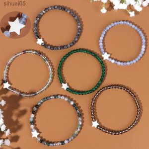 Beaded Wholesale 4mm Natural Stone Round Beads Armband White Star Shape Shell Armelets Crystals Ametysts Reiki Armband Män kvinnor YQ240226