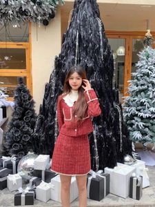 Work Dresses Sweet Christmas Plaid Jacket Skirt Two-piece Set Women Korean Doll Neck Lace Patchwork Fashion Slim Winter Festival Female Suit