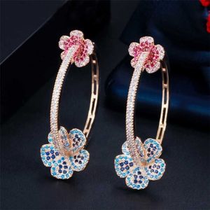 CWWZircons Designer Elegant Micro Pave Blue Red CZ Light Gold Color Big Round Flower Hoop Earrings for Women Jewelry Gift CZ810 21241D