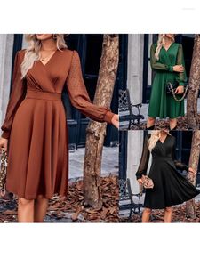 Sıradan Elbiseler 2024 Retro Kadınlar Zarif Moda Partisi 50s Katı Uzun Kollu Gazlı Patchwork V Boyun Midi Akşam Elbisesi