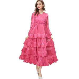 Women's Runway Dresses O Neck Long Lantern Sleeves Tiered Ruffles Fashion Elegant Party Gown Prom Vestidos