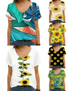 夏のヒマワリの花の葉3DプリントTシャツの女性Streetwe