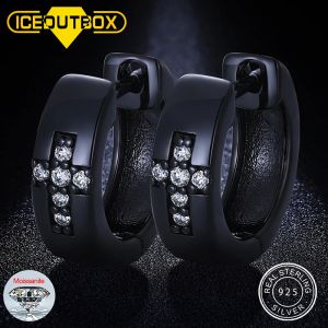 Brincos 1 par d vvs moissanite preto punk rock cruz brincos 925 prata esterlina para homens círculo brinco menino masculino hip hop jóias