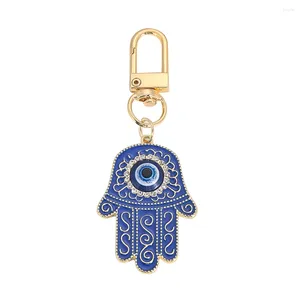 Nyckelringar muslimska hamsa fatima händer turkiska blå ögon metall hänge nyckelring inlay glänsande zirkon rheinstone dingle keyring amulet smycken