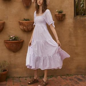 Abiti da festa estivi per donna manica corta cravatta a strati vacanza spiaggia abito midi con volant collo quadrato smock cotone casual a quadretti