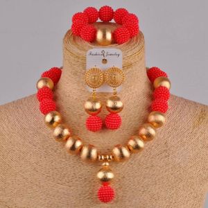 Kolczyki Naszyjnik Czerwony moda afrykański ręcznie robiony z koraliki z koraliki w Nigerii zestaw biżuterii ślubnej imitacja Pearl Kobietowa bransoletka xx-29256U