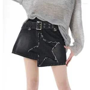 Spódnice houzhou y2k grunge dżinsowa spódnica kobiet vintage niski talię A-line nieregularne patchwork Goth Black Mini Star Streetwear Punk
