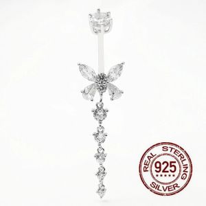 Kedjor Lång zirkonhänge Belly Navel Piercing for Women 925 Sterling Silver Belly Button Ring Sexig fjäril Body Piercing Smycken