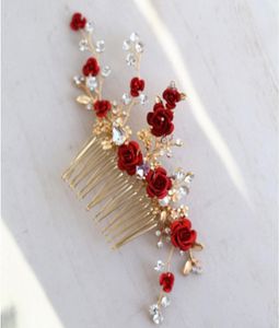 Jonnafe Red Rose Floral Headpiece For Women Prom Rhinestone Bridal Hair Comb Accessories Handgjorda bröllopshår smycken Y190513022780518