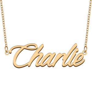 Colar com nome Charlie para mulheres, ouro, aço inoxidável, pingente de placa de identificação personalizado para meninas, presente de aniversário, crianças, melhores amigos, joias banhadas a ouro 18k