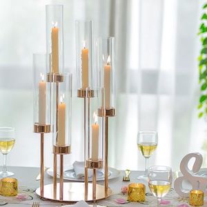 Hurricane Candelabra Candle Holder Candelabros de metal dourado de 6 braços com vidro de cristal ou tampa de acrílico Suportes de velas cônicos para decoração de lareira de Natal