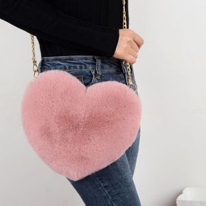 Mode kvinnors väska hjärtformade handväskor söta kawaii faux päls crossbody väskor plånbok plysch kedja axel väska lady hand183s