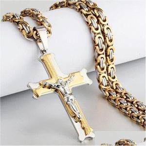 Pendant Necklaces Gold Color Fish Bone Pattern Cross Necklace Men Stainless Steel Crucifix Jesus Link Chain Catholic Jewelry Drop Del Otowv