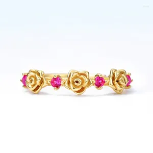 Cluster Rings Women Ruby Ring S925 Sterling Silver 9K Gold Plated Flower Justerbar Anillos Mujer Gemstone Fine Jewelry