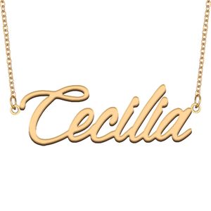 Cecilia Namenskette aus Gold, individueller Namensschild-Anhänger für Frauen, Mädchen, Geburtstagsgeschenk, Kinder, beste Freunde, Schmuck, 18 Karat vergoldeter Edelstahl