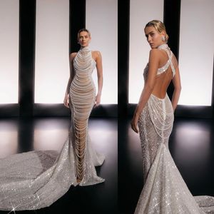 Luxury Pearls Tassel Bridal Gowns High Neck Mermaid Wedding Dress Sequins Backless Custom Made Bride Dresses Vestido de novia