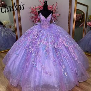 Lilac Sequined Appliques Lace Bow Ball Gown Quinceanera Dress Spaghetti Strap 3D Flowers Corset Vestidos De 15 Anos