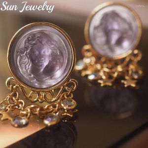 Orecchini sul retro Angelo addormentato Vintage nappa in rilievo viola intarsiata a mano strass rame placcato oro clip per orecchio da donna senza piercing