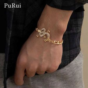 Frisado Purui Kpop Luxo Cristal Dragão Pingente Pulseira para Mulheres Homens Cor Dourada Metal Cuban Link Chain Pulseira Unissex Pulso Jewerly YQ240226