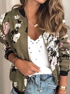 Jackor Oneck Bomber Short Jackets Nytt mode 2023 Autumn Women's Pockets dragkedja Långärmad kappa Kvinnlig blomma Tryckt vit jacka