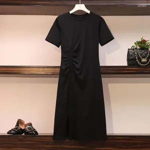 Vestidos de festa verão mulheres algodão midi camiseta vestido o pescoço manga curta casual feminino elegante tamanho grande preto plissado split vestidos