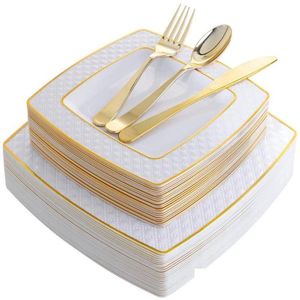 Einweggeschirr, 50 Stück, goldenes Roségold, quadratischer Kunststoff-Essteller mit Sierware-Set, Geburtstag, Hochzeit, Partyzubehör, Dr. Dhuai