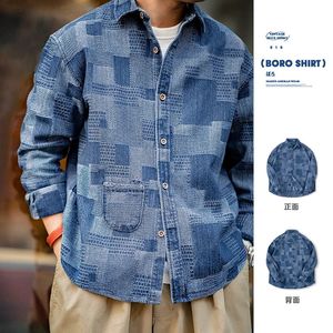 Maden Japanese Retro Boro Denim Shirts for Men Jacquard Patchwork Long-Sleeve Button Down Shirt Jacket Oversize Spring Outerwear240226