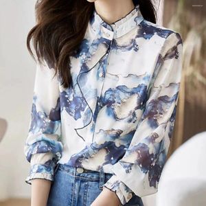 Женские блузки 2024, шифоновая рубашка с рюшами и воротником-стойкой, блузка-топ для женщин, осенняя атласная блузка с длинным рукавом, Elegantes Social Feminina