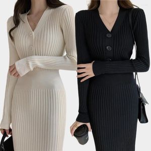 Casual Dresses Elegant Rib Knitted V-Neck Long Sleeved Maxi Dress Women Lace Up Slim Solid Robes Fall Winter Office Streetwear Vestidos