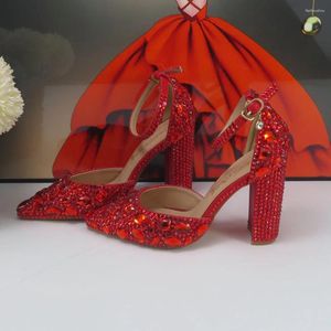 Sapatos de vestido vermelho cristal nupcial casamento e saco mulher salto grosso bombas altas festa noite rasa tornozelo cinta fivela sapato