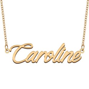 Caroline nome colar pingente para mulheres meninas presente de aniversário placa de identificação personalizada crianças melhores amigos jóias 18k banhado a ouro aço inoxidável