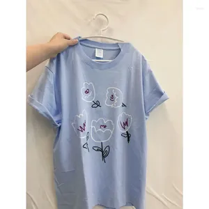 Damen-T-Shirts, koreanischer Stil, lässig, lockeres T-Shirt, Blumendruck, Trend-Oberteile, Sommer, dünn, übergroß, kurze Tropfenärmel, Streetwear