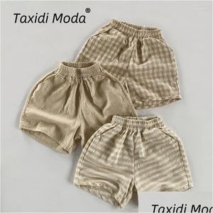 Shorts de algodão linho fino xadrez 2024 verão crianças calças casuais menino meninas calças curtas criança desgaste crianças roupas para 1-8y drop de dhqk0