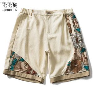 Herren-Shorts, Herren-Freizeitshorts, Vintage-Stickerei, Patchwork, Cargo-Shorts, Harajuku, lockerer koreanischer Stil, knielange Hose, Unisex, Streetwear, 240226