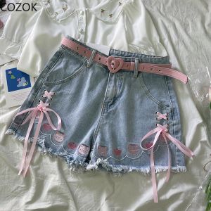 日本のシックバンデージロリータデニムショーツ女性甘いかわいい漫画ピギー刺繍ボウジーンズガールカワイイY2Kショートパンツサマー