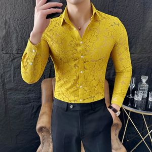 Sexy transparente rendas camisas para homens coreano roupas de luxo fino ajuste casual manga longa camisa social vestido elegante smoking 240221