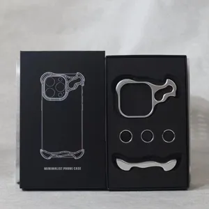 Capa protetora minimalista para iPhone 15 14 13 Pro Promax Max Plus Absorção de choque Conchas de alumínio de grau aeroespacial + incrustações de elastômero Easy Fit Matte Black Silver