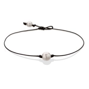 Pearl Single Cultured Freshwater Pearls Necklace Choker for Women Genuine Leather Jewelry Handmade Black 14 inches298e