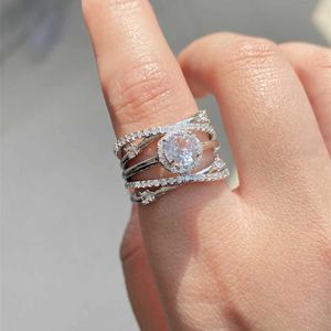 Band Rings Uilz Fashion 4-Row Woven White Finger Ring Womens Fashion Round Zircon Engagement Ring Bridal Wedding Jewelry J240226