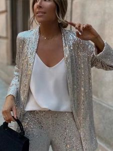 Костюмы Модные серебряные комплекты с длинными брюками с пайетками Женская мода Широкие расклешенные брюки с длинными рукавами Пальто Baddie Комплекты из двух предметов Уличные женские наряды