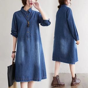 Casual Dresses Fall Women Big Size Denim Dress Loose Turn-down Collar Long Sleeve Jean Woman Sweet Korean Knee-Length