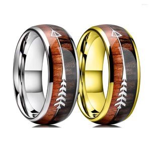 Wedding Rings Fashion Stainless Steel For Men Women Viking Arrow Inlaid Hawaiian Koa Wood Promise Jewelry