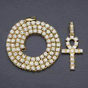 Collane chiave Ankh egiziano Mens Bling catena placcata oro strass cristallo croce pendente ghiacciato per rapper hip da donna Ho313y