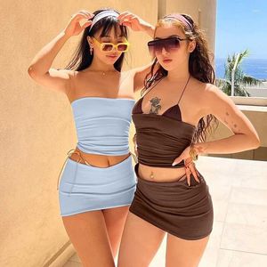 Women's Tanks Tube Top Sexy Y2k Sleeveless Shirt Punk Soild Summer Fashion Beachwear Short Tank Fairy Girls Crop Tops Mini Skirts Suit