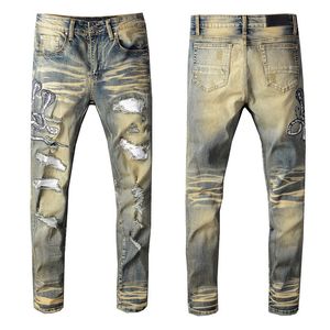 American Spring Vintage Hip Hop Men Patch dżins Designers Designer Stretch Slim Jeans Man Blue Plus Size