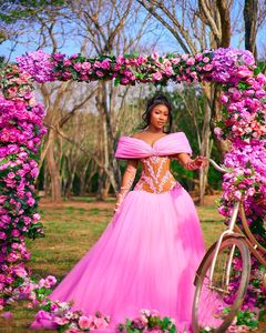 Maniche lunghe sirena rosa Quinceanera vestito ritratto scoop Appliques Abiti di fiori spalla fiocchi Vestidos de Fiesta
