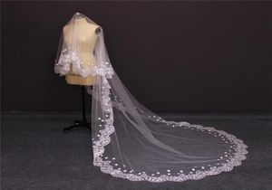 Single Tier Chic Luxurious Cathedral Wedding Veil utan Comb Lace Pearl Beaded Flower Bridal Veils4544155