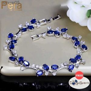 Badspärrade Pera Natural Royal Women Jewelry Silver Color Dark Blue CZ Crystal Leaf Chain Link Armband och Bangles For Party Gift B042 YQ240226